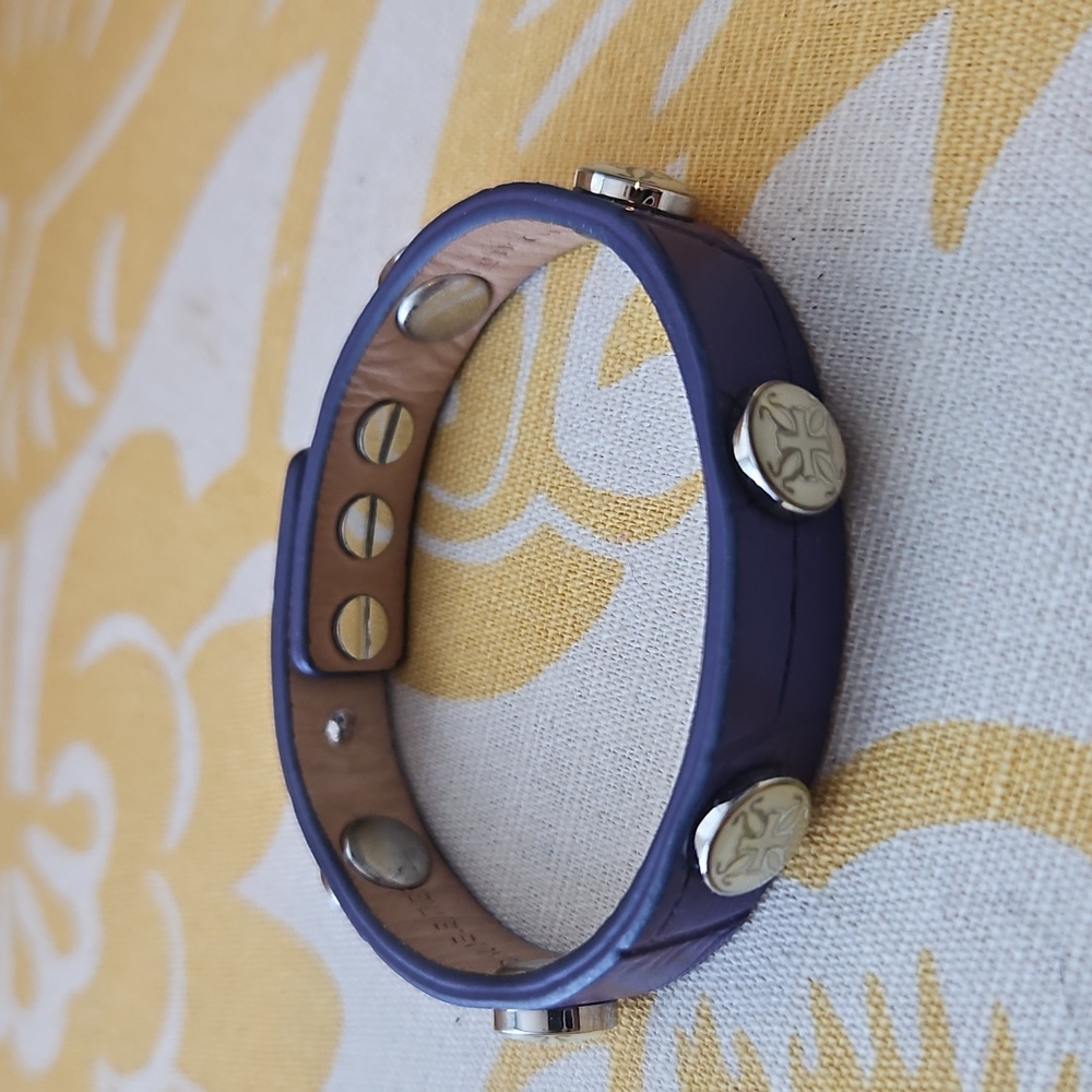 Rustic Cuff Leather Stud Bracelet Purple Gold Adjustable